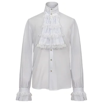 Beyaz Pamuk ve Dantel Ruffles Standı Yaka Fener Kollu Rönesans Ortaçağ Üst Gotik Giyim Vintage Erkekler Victoria Gömlek 2022