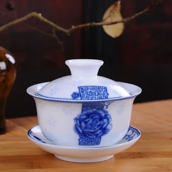 Beyaz porselen mavi ve beyaz seramik Gaiwan çay seti yaratıcı Kahve fincanı, ChineseTravel çay seti, Drinkware Jingdezhen fincan