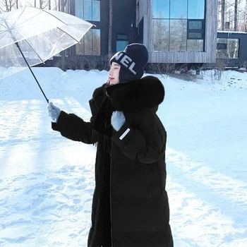 Beyaz Ördek Aşağı pamuklu ceket kadın Orta Uzunlukta 2021 Yeni Kış Kore Büyük Kürk Yaka Gevşek Kalınlaşmış sıcak tutan kaban Kadın