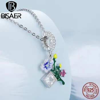 BISAER 925 Ayar Gümüş Papatya Çiçek Asılı Charm Kuş Bahçe Kolye Boncuk Fit Orijinal Bilezik DIY Hediye Güzel Takı