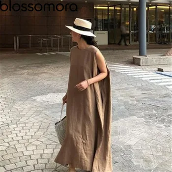 Blossomora 2022 Yaz Katı Gevşek Yelek Maxi Elbise Casual Streetwear Kolsuz Vintage Uzun Elbiseler Yeni Vestidos Kadın Giysileri
