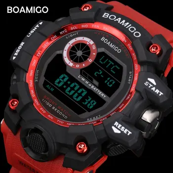 BOAMIGO marka UTC DST zaman yükseltmek için wake led ışık erkekler dijital spor kırmızı askeri saatler 50 m yüzmek su geçirmez lastik bant saat