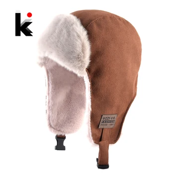 Bombacı Şapka Earmuffs İle Suni Deri Trapper Kış Kulaklığı Şapka Kadın Rusya Kış Açık Rüzgar Geçirmez Kar Kap Erkekler Faux Kürk Sıcak Şapka