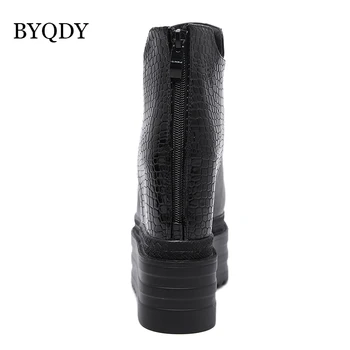BYQDY 12.5 cm Topuk PU Deri Platformu Çizmeler Sonbahar Kadın yarım çizmeler Siyah Yüksekliği Artan Yuvarlak Ayak Punk Takozlar Botları Kadın