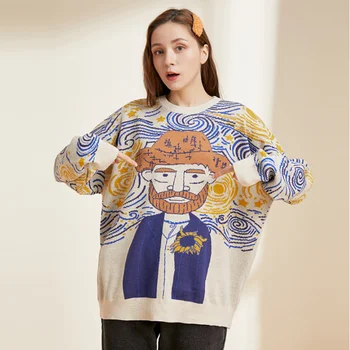 Büyük boy Kadın Kazak Pamuk Van Gogh Karikatür Boyama Gengar Streetwear Giyim yeni bahar uzun kollu elbise Harajuku Y2K Kazak