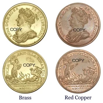 BÜYÜK BRİTANYA Kraliçe Anne Taç Giyme Töreni 1702 Croker Altın madalya Pirinç Kopya Paraları