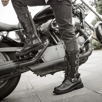 Büyük SizeMen Deri Motosiklet Botları Orta buzağı askeri postal Gotik Kemer serseri Çizmeler erkek ayakkabısı Taktik Ordu Çizme 2021