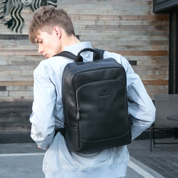 Bıson Denım 2022 Siyah İnek Derisi Hakiki Deri Sırt Çantaları Erkek Fermuar Tasarımcı 15 inç okul sırt çantası erkek seyahat sırt çantası