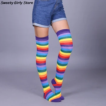 Cadılar bayramı Diz Üzerinde Çorap Gökkuşağı Şerit Uzun Tüp Çorap Kadın Sıkıştırma Sonbahar Diz Yüksek Çorap Pamuk futbol ayakkabısı