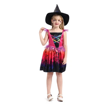Cadılar bayramı Vampir Cadı Kostüm Çocuklar Cosplay Renkli Etek süslü kız elbisesi Şapka İle Cadılar Bayramı Korkunç Sihirbazı Cadı Disfraces