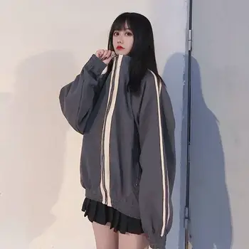 Ceketler Kadın Çizgili Tüm Maç Kadın BF Harajuku Standı Yaka Fermuar cep Eğlence Streetwear Popüler Rüzgar geçirmez Yıpratır