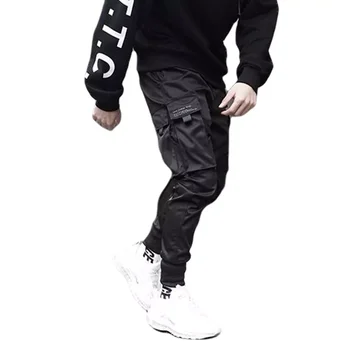 Cepler Şeritler Siyah Hip Hop Rahat Erkek Joggers Pantolon Moda Rahat Streetwear Uzun pantolon Kargo harem pantolon Yan