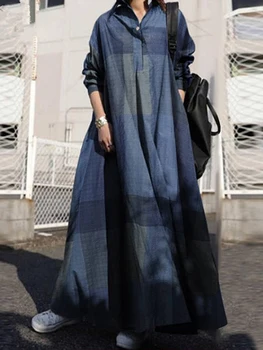 CHICEVER Vintage Colorblock uzun elbise Kadınlar İçin Yaka Yarım Kollu Gevşek Bel Patchwork Maxi Elbiseler Kadın 2022 Bahar Giysileri