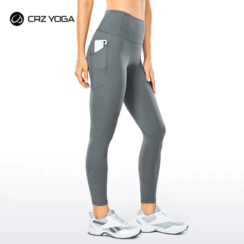 CRZ YOGA kadın Çıplak Duygu Egzersiz Tayt-23 İnç Hiçbir Ön Dikiş Yoga Pantolon Cepler ile Yüksek Belli