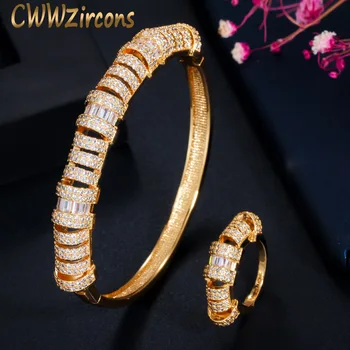 CWWZircons Chic 585 Altın Kaplama CZ Yuvarlak Manşet Bileklik bileklik Yüzük Setleri Kadınlar ıçin Dubai Gelin düğün takısı Aksesuarları T391