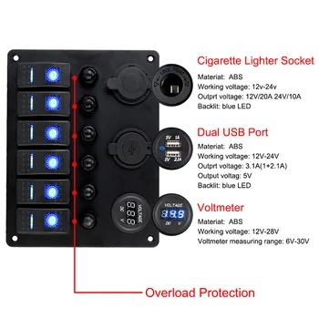 DC 12 V/24 V Çift USB Bağlantı Noktaları 6 Gang Rocker Anahtarı Paneli Alüminyum Panel Dijital Voltmetre Araba RV tekne Devre LED Kesici