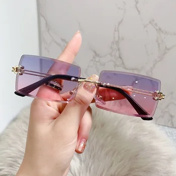 Dikdörtgen Çerçevesiz Güneş Gözlüğü Kadın Moda Tasarımcısı Marka Degrade güneş gözlüğü Kadın Kesme Lens Vintage Oculos De Sol