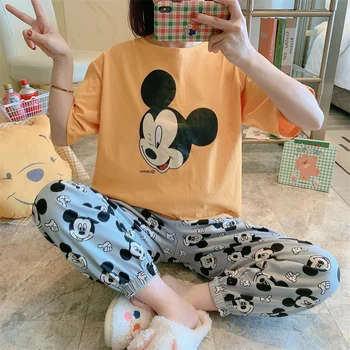 Disney Anime Mickey Mouse Yumuşak kadın Pijama Seti Yaz 2022 Yeni Kısa Kollu Üst Pijama Pantolon Rahat Pijama Takım Elbise