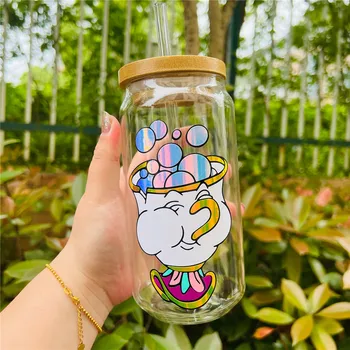 Disney Bayan Potts Çip Bira can gözlük Bambu Kapaklı Ve Saman Kahve Fincanı Ofis Ev Su Süt Bardak Mutfak Drinkware hediyeler