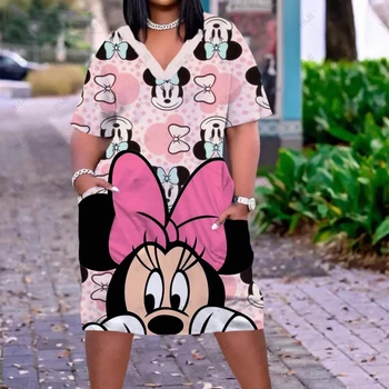 Disney Minnie 3D Baskı Bandana Elbiseler Moda Rahat Orta uzunlukta Elbise Kadın Giyim Cep Uzun Kollu Üst V Yaka Gevşek Elbise