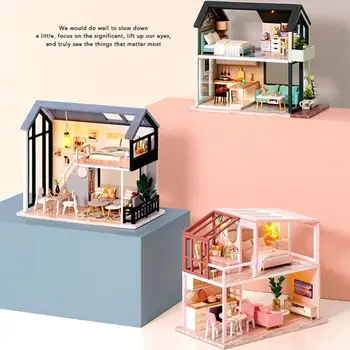  DIY Bebek Evi Ahşap Bebek Evleri Minyatür Mobilya Kiti ile LED Bina Modeli Eğitici Çocuk Oyuncakları noel hediyesi