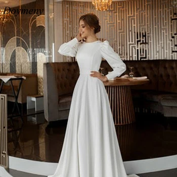 Doymeny Gelin düğün elbisesi uzun kollu müslüman O-boyun Yumuşak Saten Düğme Modern Stil A-Line Sweep Tren Robe De Mariée 2023