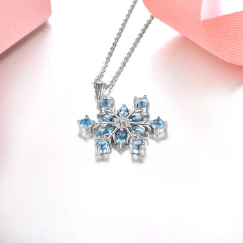 Doğal Mavi Topaz Gümüş Kolye 2.2 Karat Topaz Benzersiz Özel Kar Çiçek Tasarım S925 Takı Kadınlar Romantik Hediyeler