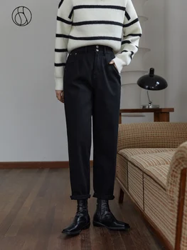 DUSHU kadın Siyah Yüksek belli Kadife Kot Kış Pamuk Tüm Maç Kalın Düz bacak Pantolon İki Düğme Tasarım Siyah Jean