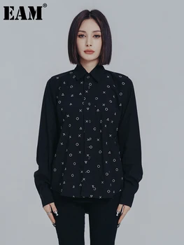 [EEM] Kadınlar Siyah Nakış Düzensiz Casual Bluz Yeni Yaka Uzun Kollu Gevşek Fit Gömlek Moda İlkbahar Sonbahar 2023 1DE7468