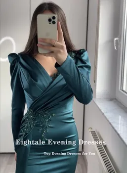 Eightale Yeni Yeşil Akşam Elbise Düğün Parti için Aplikler Boncuklu Saten Uzun Kollu Mermaid balo elbisesi Ünlü vestido festa
