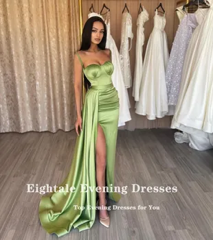Eightale Yeşil Akşam Elbise Düğün Parti için Saten Spagetti Kayışı Yüksek Yan Bölünmüş Mermaid balo elbisesi Ünlü vestido festa