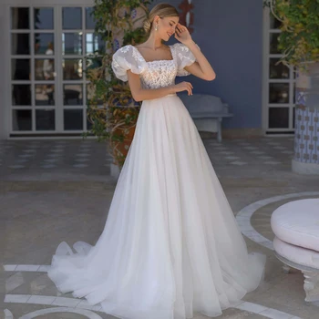 Eightree Seksi Gelinlik Beyaz Aplike Kısa Kollu gelinlik 2022 Bobo Plaj Kare Boyun Düğün gece elbisesi Artı Boyutu