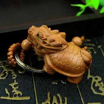 Ejderha Kaplumbağa Heykeli Ahşap 3D Oyma Çin Servet Heykel Kolye Anahtarlık