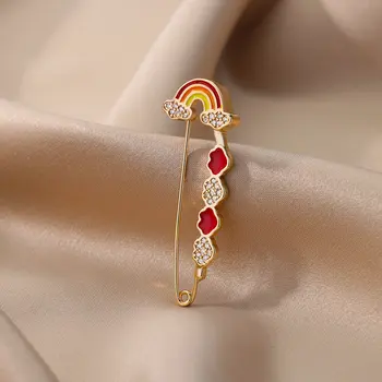 Emaye Gökkuşağı Pimleri Broş Kadınlar için Paslanmaz Çelik Zirkon Broş Çift Pin Düğün Estetik Takı noel hediyesi mujer