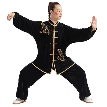 Erkek Altın Kadife İşlemeli Tai Chi Chuan Uygulama Kostüm Kadın Sonbahar ve Kış Kalınlaşmış dövüş sanatları Performans Kostüm
