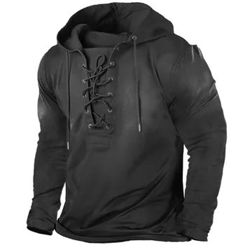 Erkek açık vintage dantel-up uzun kollu hoodie Sonbahar / Kış düz renk rahat dantel-up hoodie erkekler için