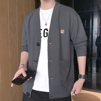 Erkek Kazak Casual Marka Tembel Tilki Nakış Örgü Ceket V Boyun Hırka 2022 Yeni Harajuku Moda Sokak Erkekler Slim Fit Ceket