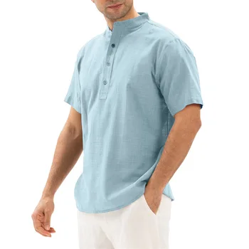Erkek Keten Gömlek Kısa Kollu Gevşek Düğme Yaz Düz Renk Konfor Pamuk ve Keten Rahat Gevşek Gömlek
