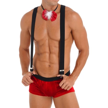 Erkek Noel Cosplay Clubwear Bulge Kılıfı Boxer Külot Iç Çamaşırı Y Geri Elastik Güçlü Klip Jartiyer Ve Papyon Seti