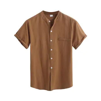 Erkek Pamuk Keten Gömlek Kısa Kollu Hawaiian Düğme Bluzlar Turn-aşağı Yaka Moda Katı Gömlek Erkekler Tops camisa masculina