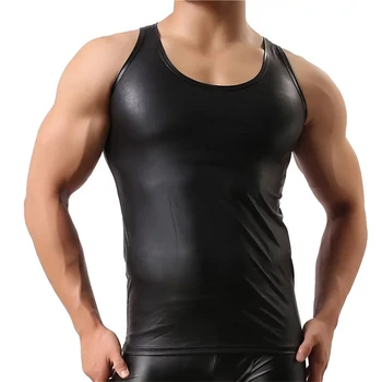 Erkek Seksi PU Deri Tankı Üstleri Kolsuz Erotik Şekillendirme Kılıf Streç Gömlek Yumuşak Lateks Bodycon Patent Deri T-Shirt Sexi