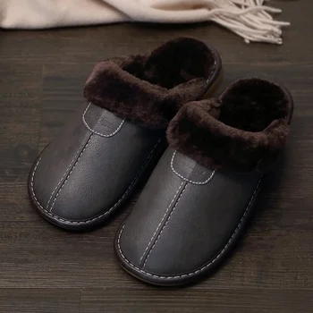 Erkek terlikleri Siyah Yeni Kış PU deri terlik Sıcak Kapalı Terlik Su Geçirmez Ev ev ayakkabıları Kadın Sıcak Deri Terlik