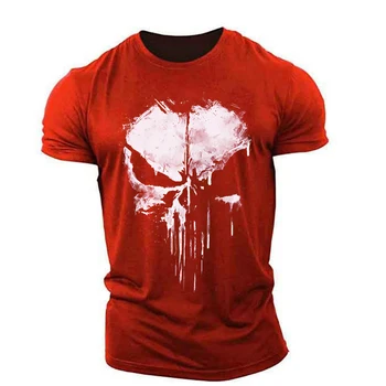 Erkek tişört Punisher Kafatası Desen Kısa Kollu Açık Spor Streç İnce Kesit Nefes Hafif Büyük Boy El