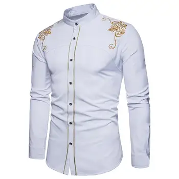Erkekler Moda Nakış Çiçek Düğme Standı Yaka Uzun Kollu Gömlek Bluz Rahat Üst Uzun Kollu Gömlek Temel Gömlek
