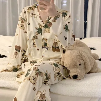 Ev Takım Elbise Kore Pijama Baskı Pijama Kadın Sonbahar Pijama Pijama Uzun Kollu 2 Parça Set Kıyafeti