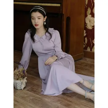 Evaze elbise Kadınlar Uzun Kollu Tatlı Zarif Prenses Kore Tarzı Eğlence Basit Peri Retro Kızlar Katı Midi Elbise Sonbahar 2022