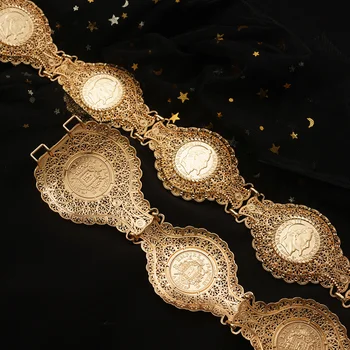 Fas Bel Zinciri Sikke Şekli Zincir Türk düğün takısı Geometrik Tasarım Metal Altın Kaplama Kemer Gelin Hediye Ücretsiz Kargo