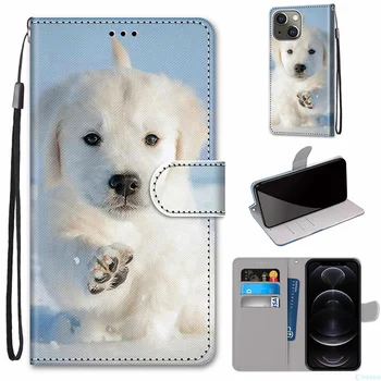 Flip Deri Telefon Kılıfı İçin iPhone 13 Pro Max mini 12 11 Fundas Cüzdan kart tutucu Standı Kitap Kapağı Kedi Köpek Boyalı Coque Çapa