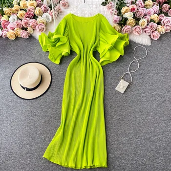 Fransız kadın Elbise Ruffled Büyük Parlama Kollu Parti Elbise Robe Yüksek Kalite Grace Tasarımcı Moda Pilili Elbise Yeşil Elbise