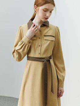 FSLE Kadın Patchwork Polo Boyun Tasarım Uzun evaze elbise PU Kemer Puf Kollu Uzun Kollu Orta Buzağı Elbise Kadınlar Kış Elbise